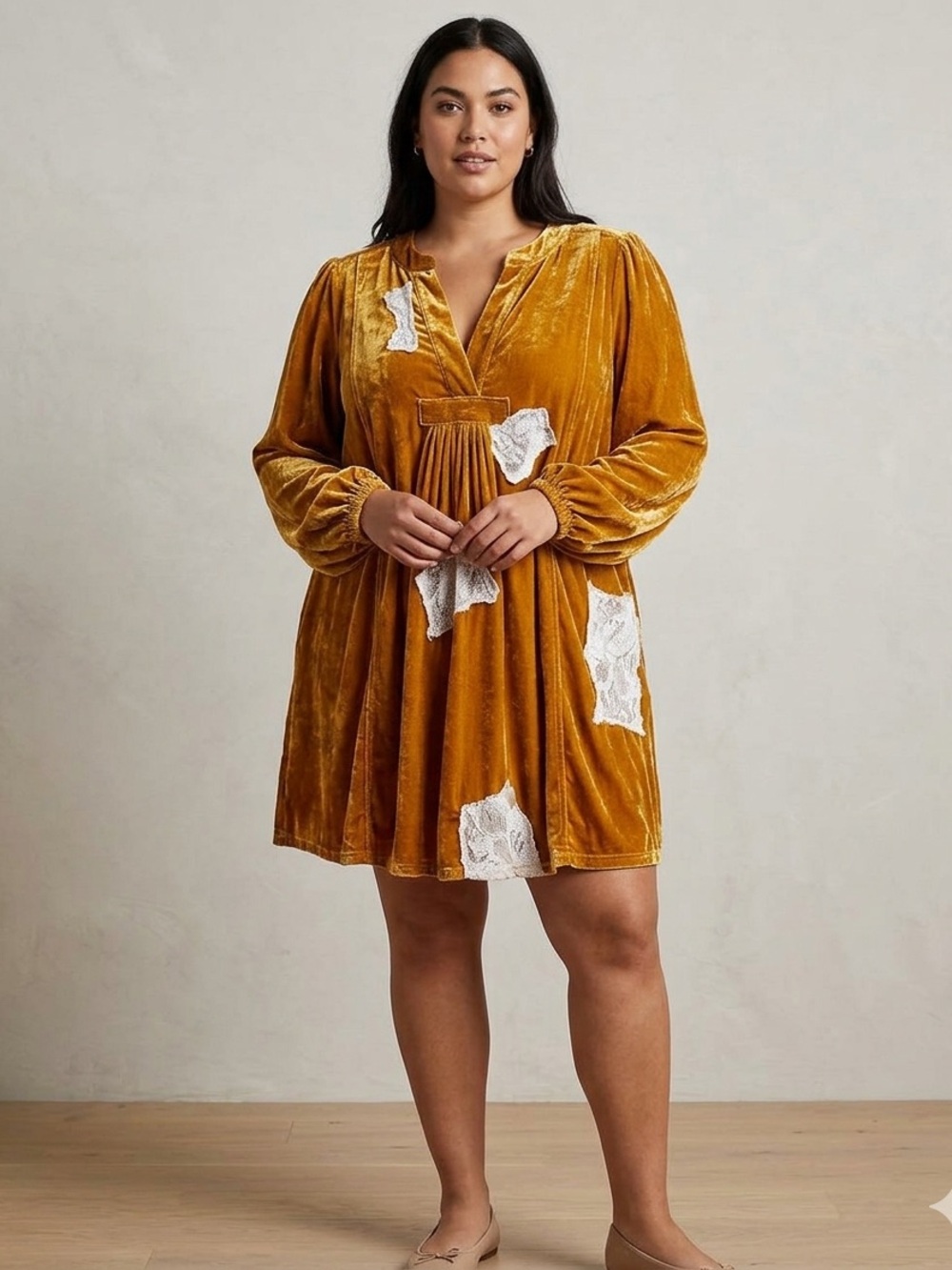 Mustard Velvet Babydoll Dress with White Lace Appliqués